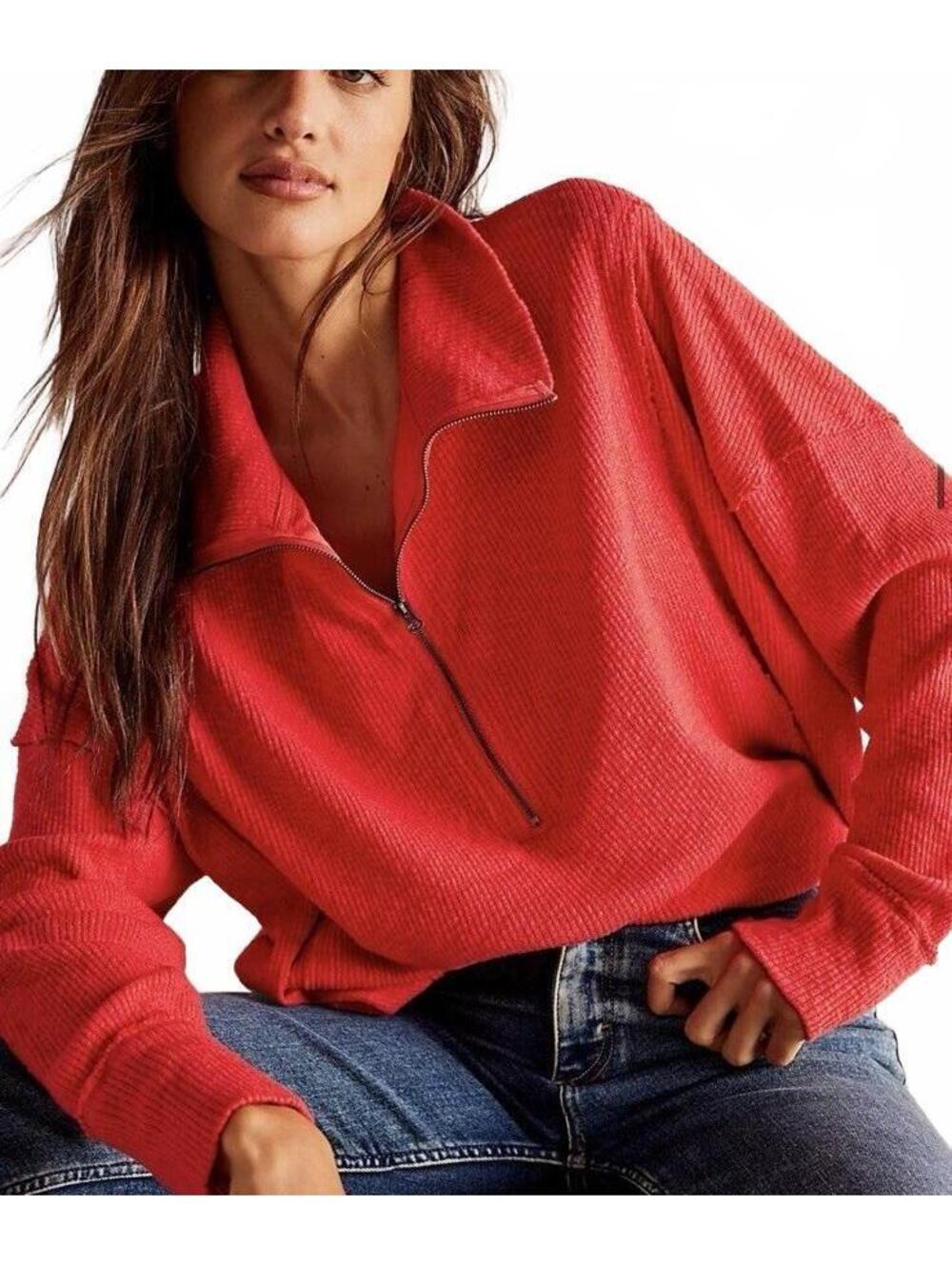 Oversized Free People We The Free Red Walk Away Tunic 3/4 Zip Size L